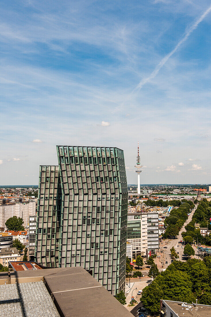 View to the Hamburger Television tower and the Tanzende Turme office towers at St. Pauli, Hamburg, Germany
