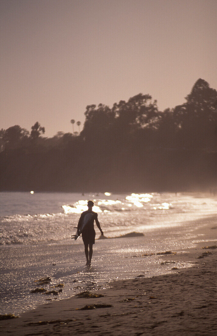 Surfer Carrying Surfboard on Beach, Rear View