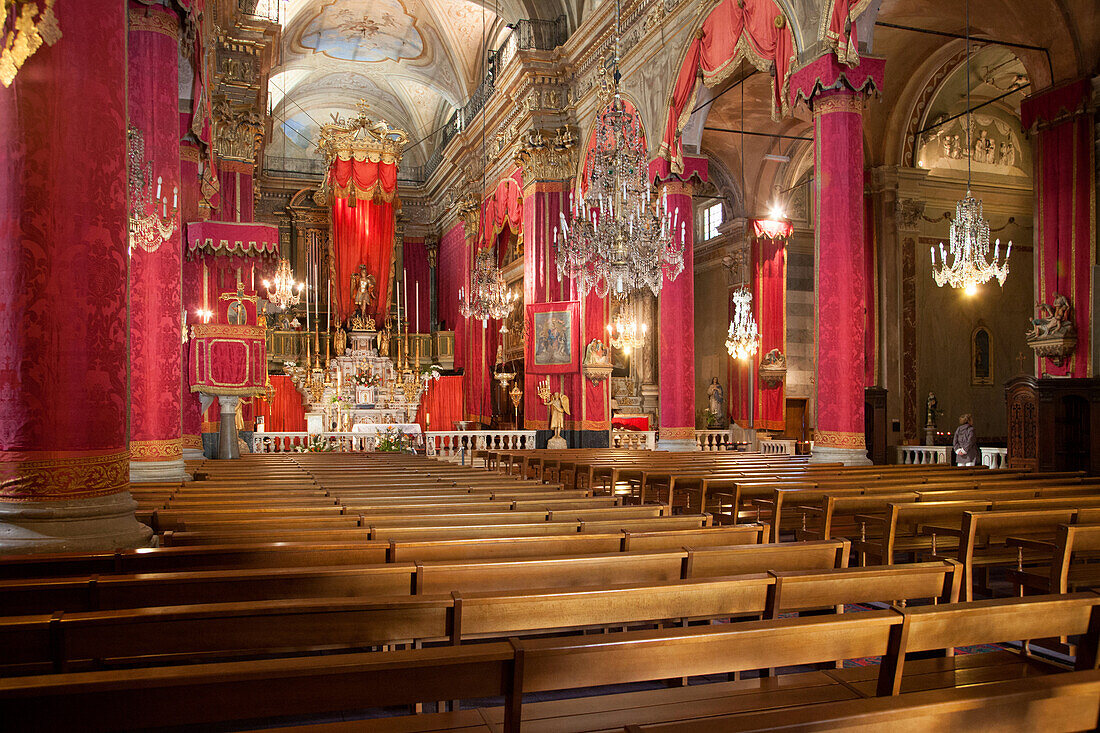 Interior Of The Saint-Michel Archange Basilica With Its Red Wall Hangings, Menton, Alpes-Maritimes (06), France