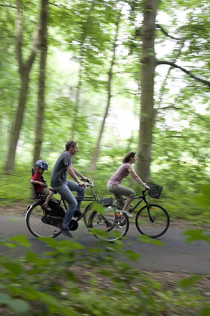 Cycling With The Family On The Bike Path Along The Paris-Mont Saint Michel Route, Chartres (28), Eure-Et-Loir, France