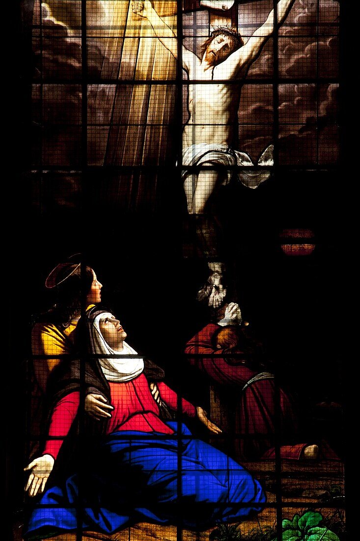 Stained Glass Showing Virgin Mary At The Foot Of The Cross (Manufactory Of Sevres), Royal Chapel Of Saint-Louis De Dreux, The Mausoleum Of King Louis-Philippe And Burial Place Of The Orleans Family, Eure-Et-Loir (28), France