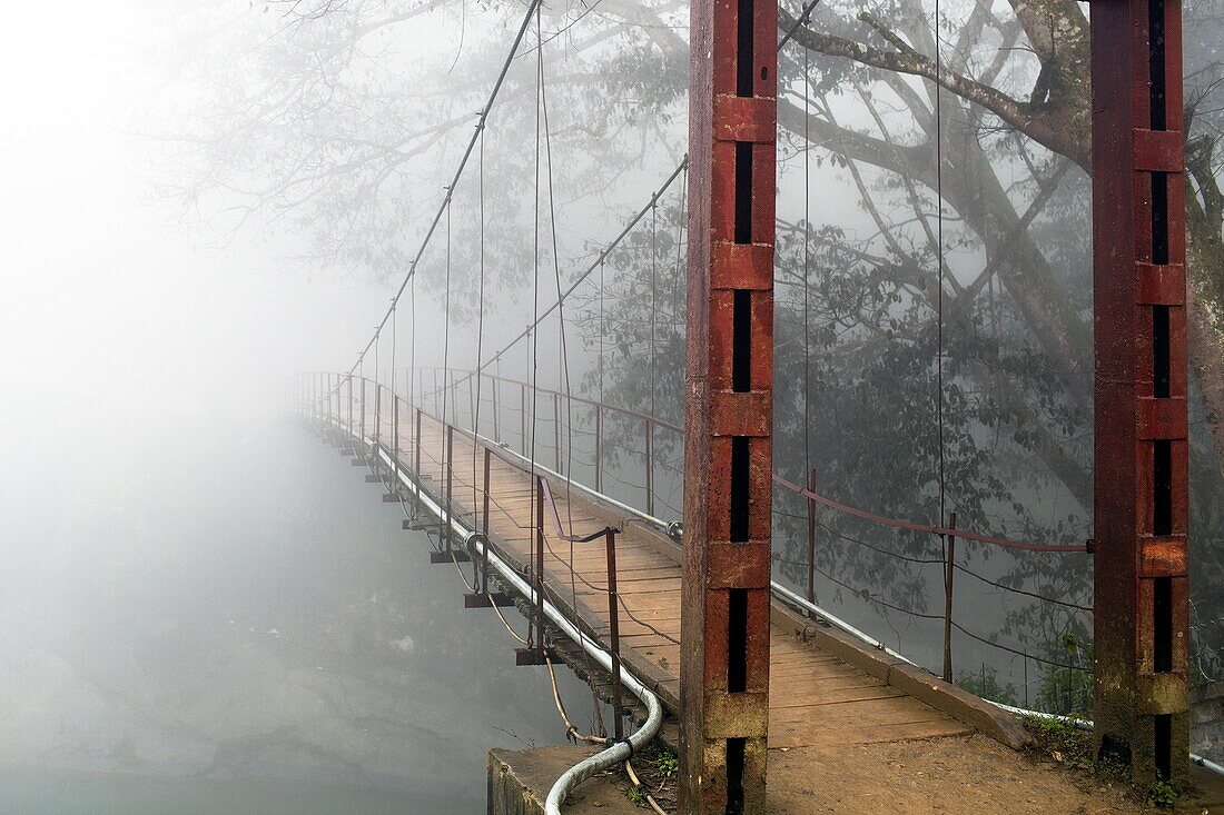 Hanging Bridge In The Mist, Mountains Near Sapa, Vietnam, Asia
