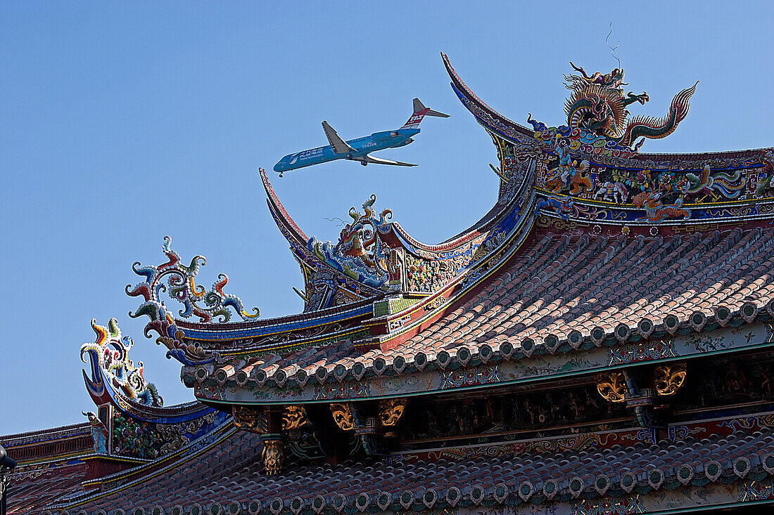Plane Flying Just Over The Temple Of Confucius, Taipei, Taiwan