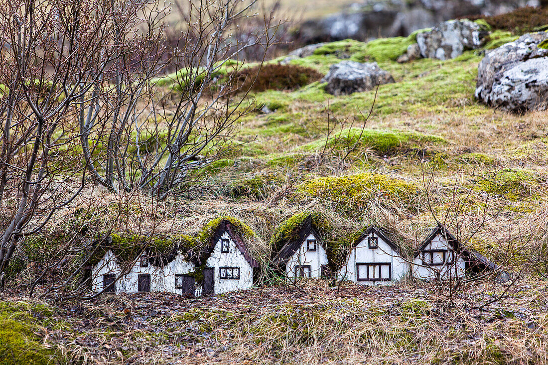 Reproduction In Miniature Of Old Farms Of Peat With Grass-Covered Roofs, Western Iceland, Europe