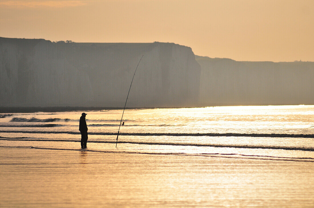 Fisher Near The Cliffs Of Ault At Sunset, Bay Of Somme, Somme (80), France