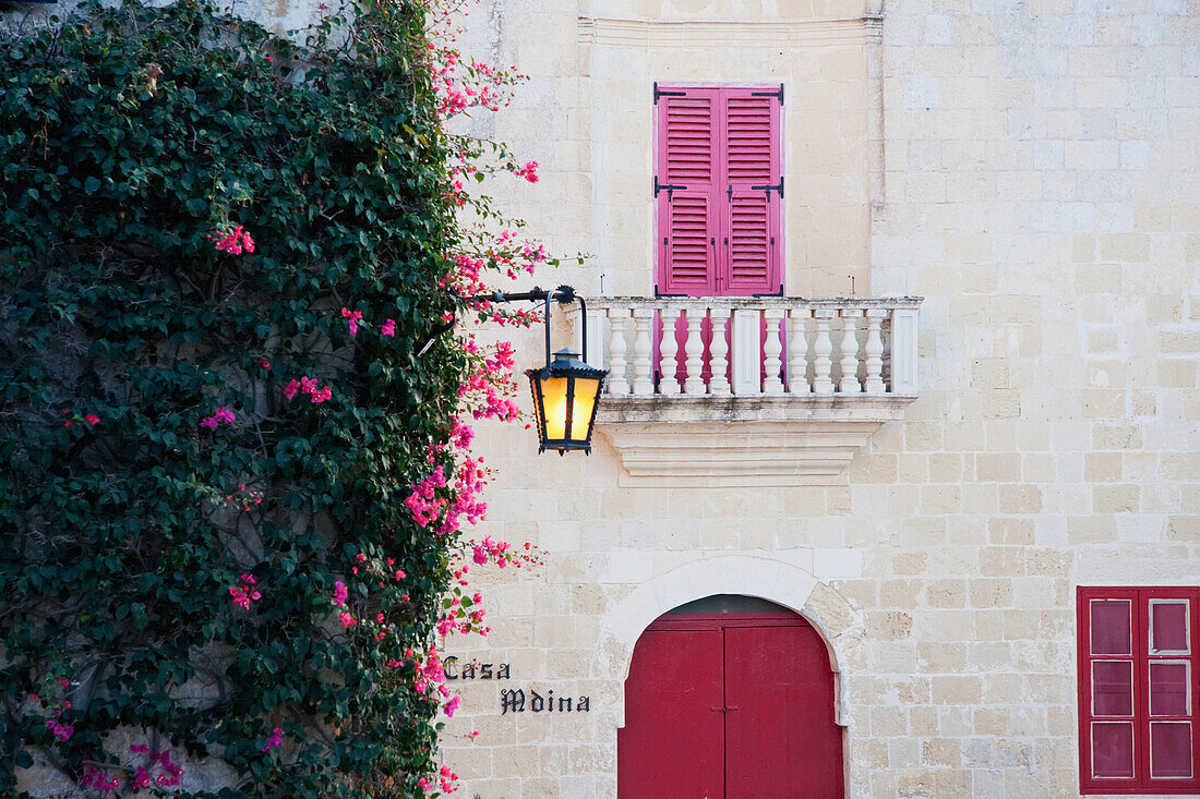 Windows And Street Lamp At Dusk, Mdina, Malta