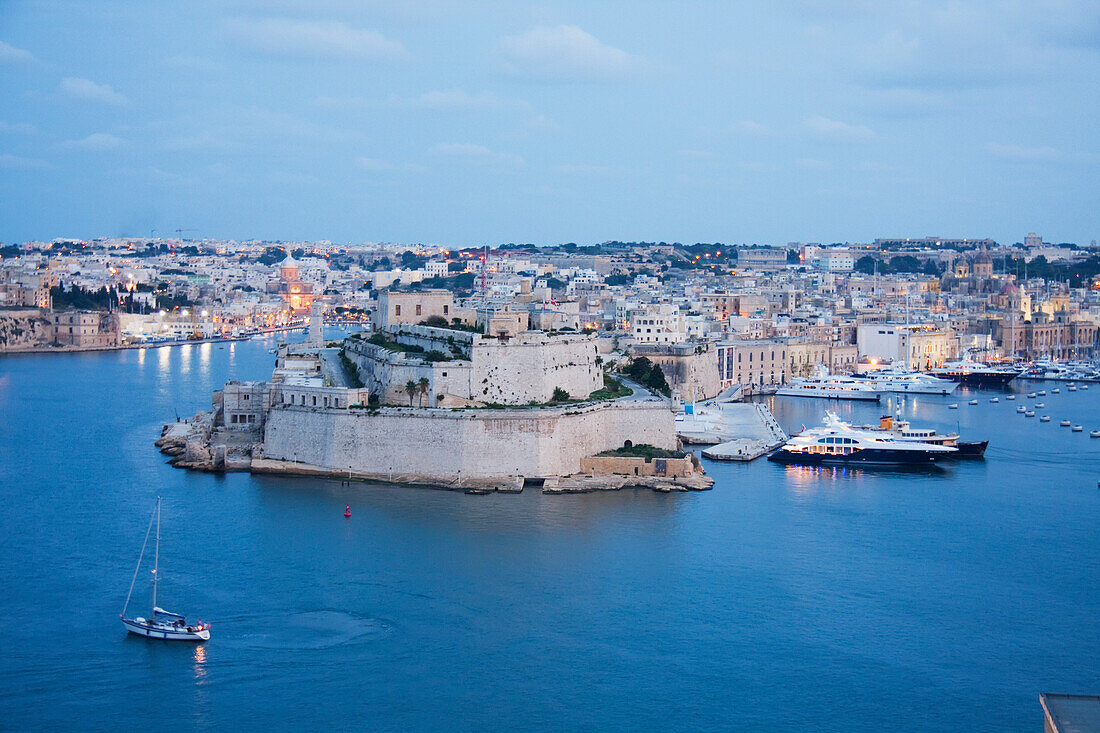 Fort St Angelo With The Marina, As Seen From Valletta At Dusk, Vittoriosa (Birgu), Malta