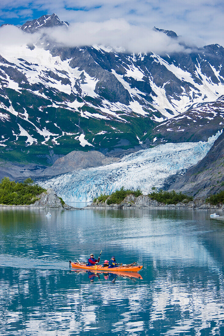 Family Kayaking In Shoup Bay With Shoup Glacier In The Background, Prince William Sound, Southcentral Alaska