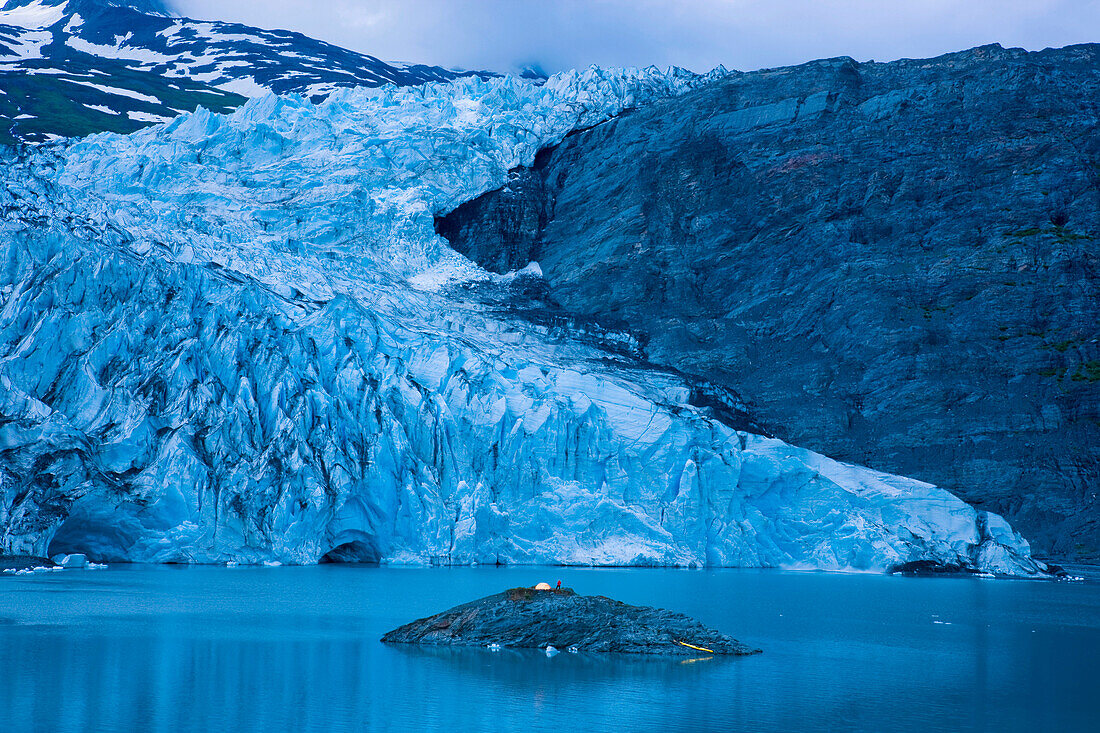 Scenic View Of Shoup Glacier With A Camp Tent Set On A Island In The Distance, Shoup Bay State Marine Park, Prince William Sound, Southcentral Alaska