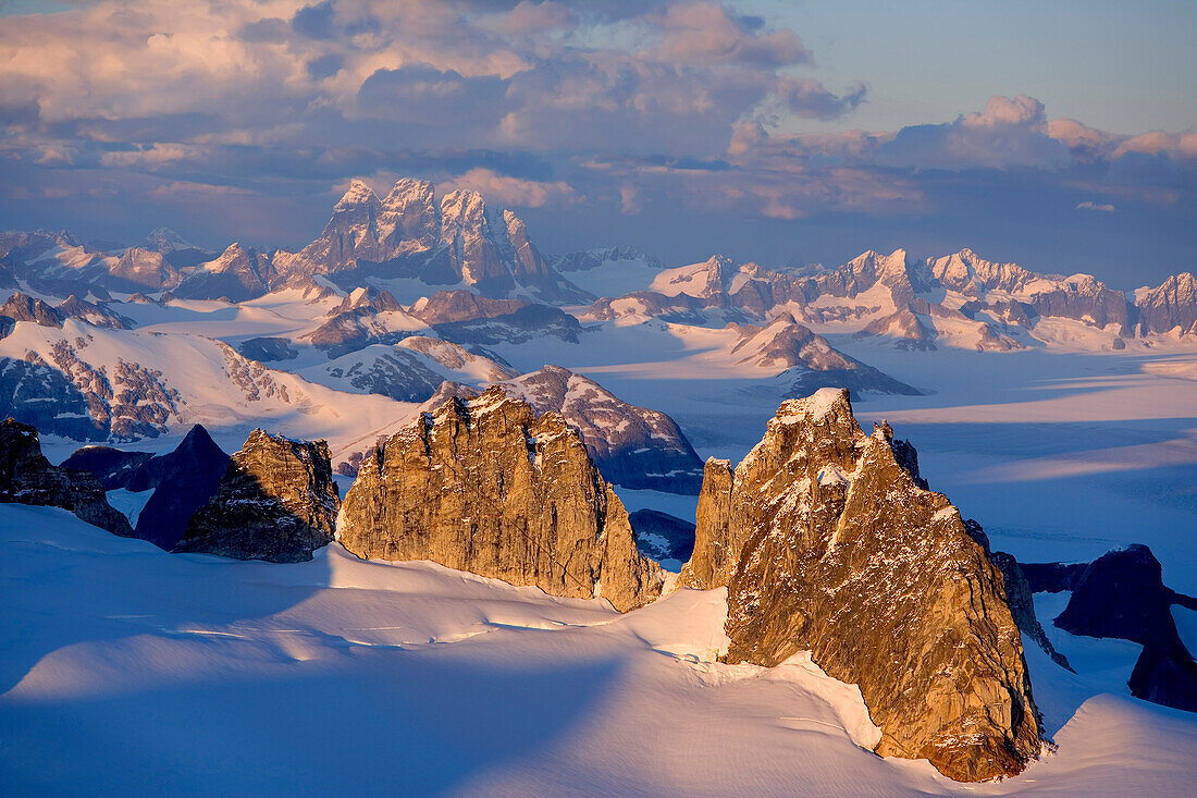 Aerial View Of Juneau Ice Field Looking Past The Taku Range To Devil's Paw Evening Light Bathes The Landscape Southeast Alaska Autumn