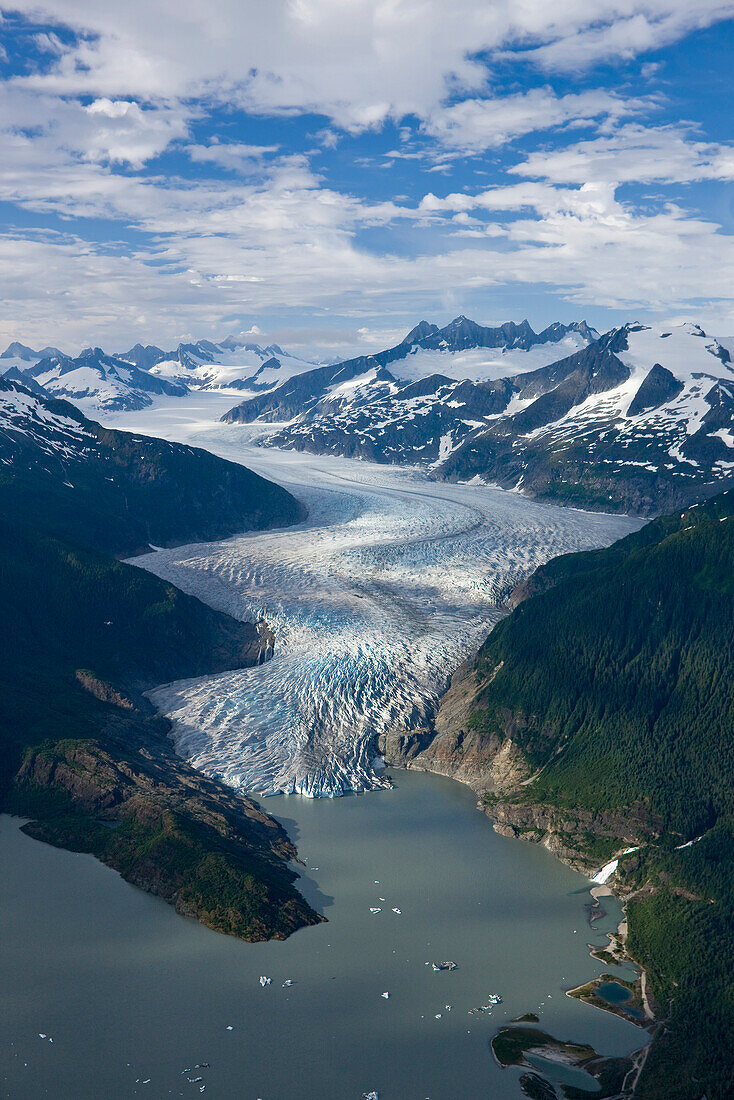 Aerial View Of Mendenhall Glacier Winding Its Way Down From The Juneau Icefield To Mendenhall Lake In Tongass National Forest Near Juneau, Alaska