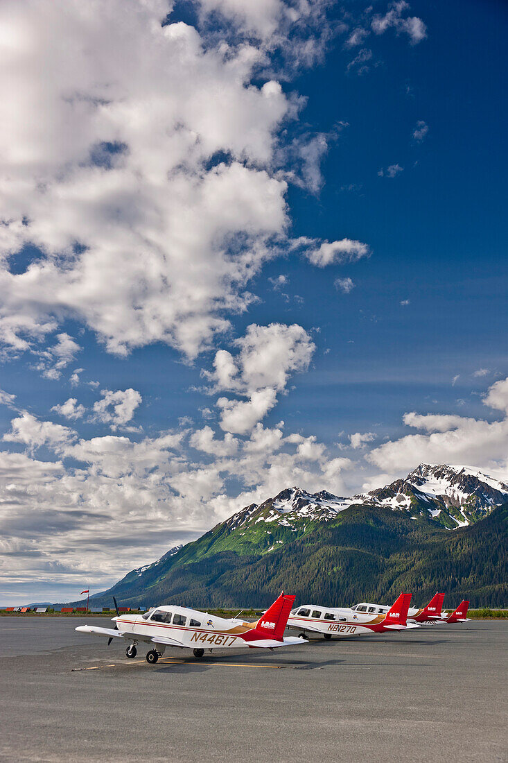 Small Planes Parked On The Tarmac At The Haines Airport, Haines, Southeast Alaska, Summer