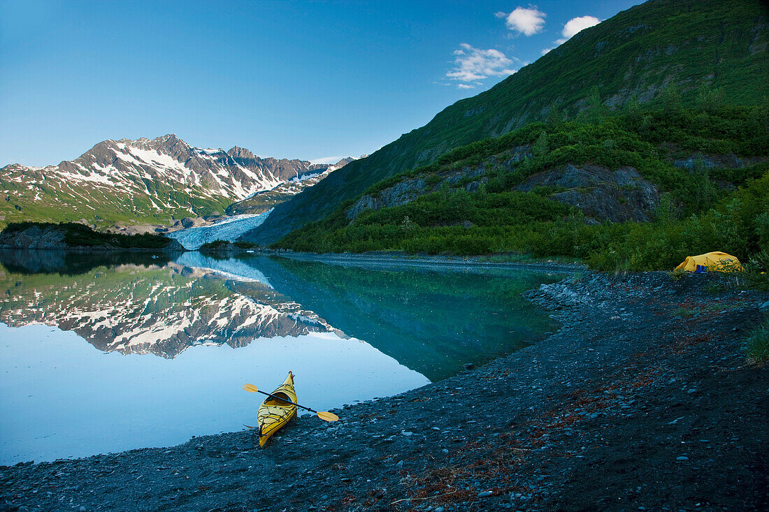 Kayak On The Beach In Shoup Bay With Shoup Glacier Reflected In The Water, Prince William Sound, Southcentral Alaska