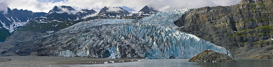 Scenic View Of Shoup Glacier With A Camp Tent Set On A Island In The Distance, Shoup Bay State Marine Park, Prince William Sound, Southcentral Alaska