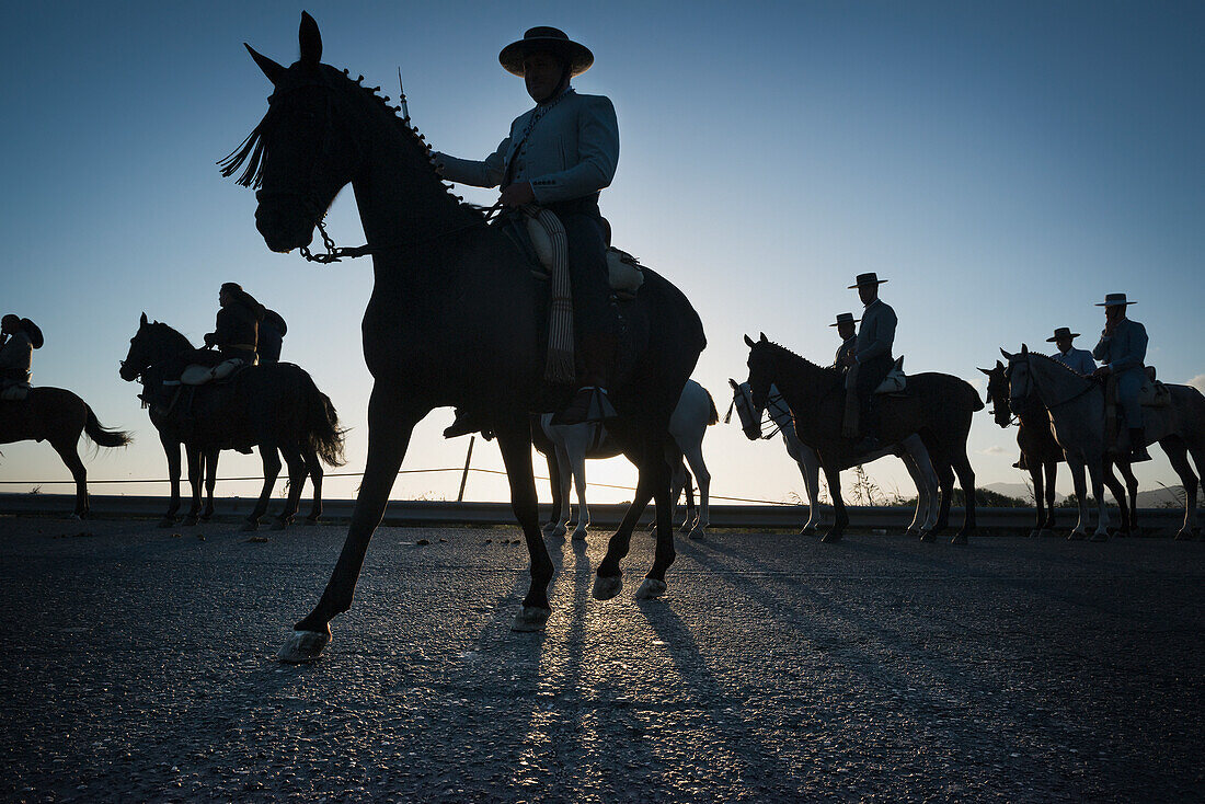 'Silhouette of cowboys on horses; tarifa cadiz andalusia spain'