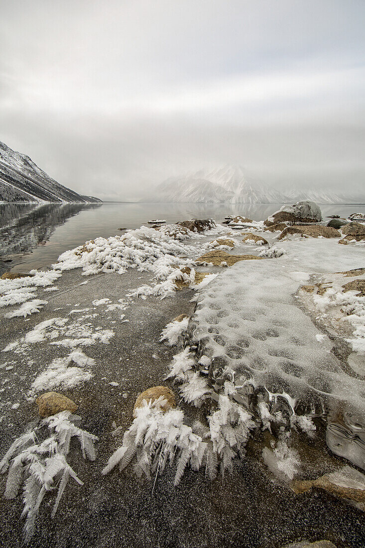 'Ice Crystals Forming Along The Shoreline Of Kathleen Lake In Kluane National Park;Haines Junction Yukon Canada'