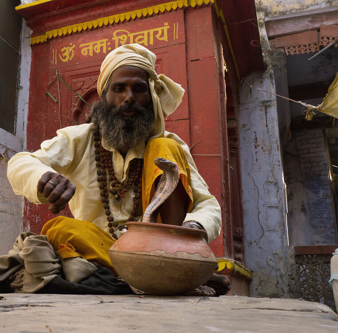 'India, Uttar Pradesh, Snake Charmer With Cobra; Varanasi'