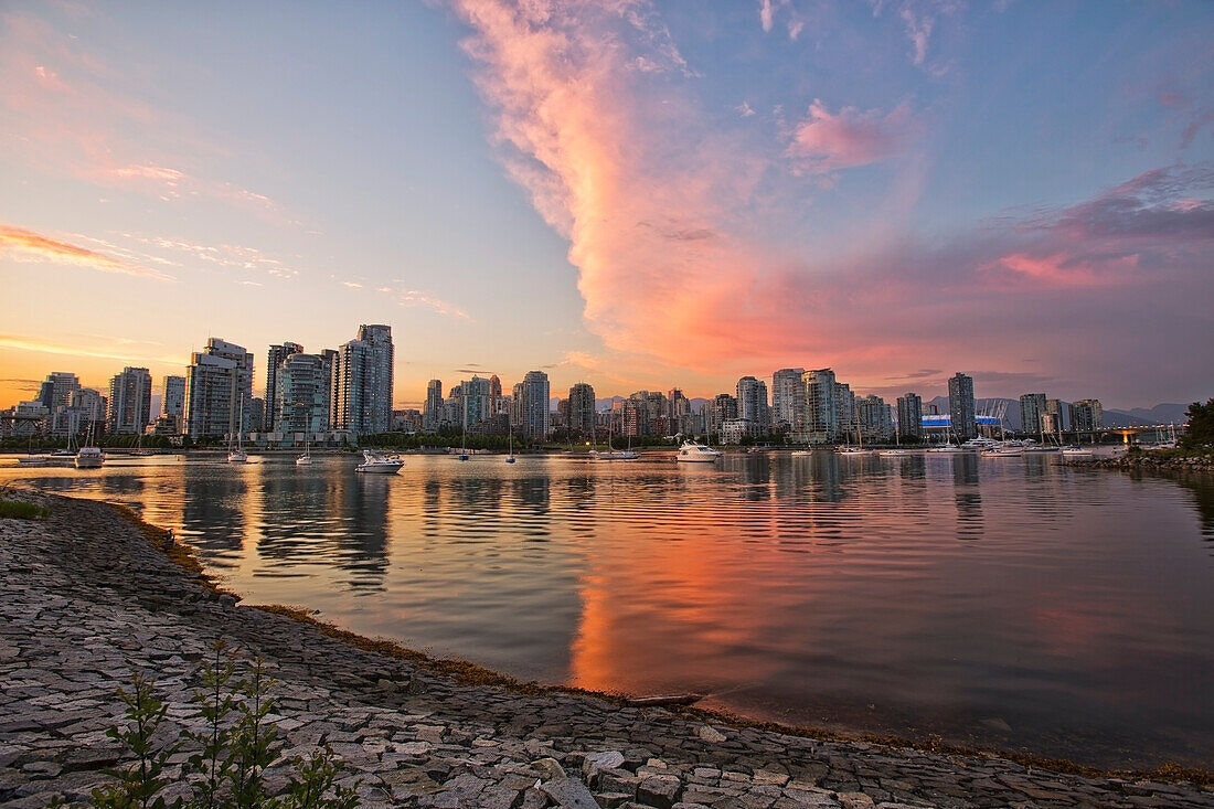 'Sunset Over False Creek And City Skyline;Vancouver British Columbia Canada'
