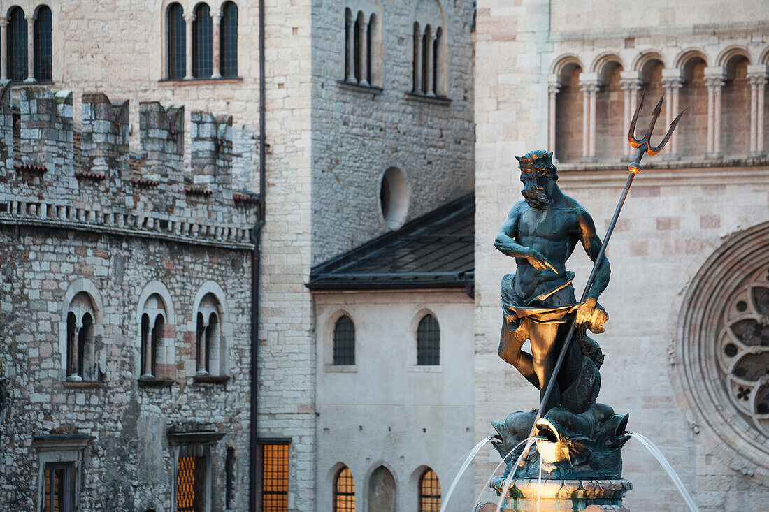 'Italy, Trentino, Neptune Fountain And Stone Walls Of Cathedral And Palace In Background; Trento, Cathedral Square'