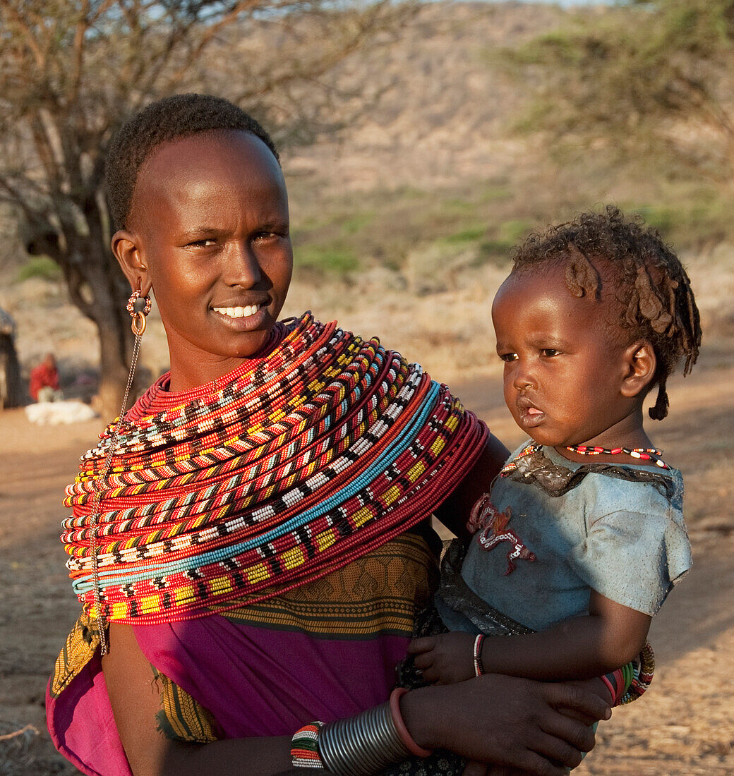 'Kenya, Woman And Her Daughter From Samburu Tribe; Samburu National Reserve'