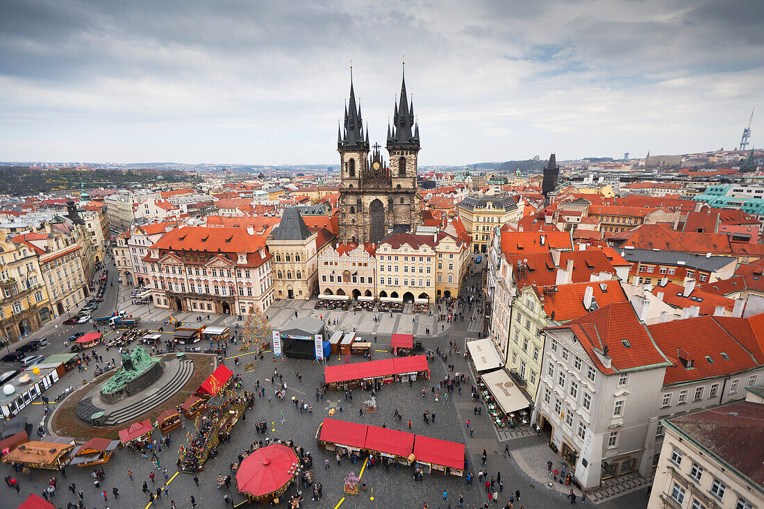 'Czech Republic, High Angle View Of Buildings And Church With Market In Town Square; Prague'