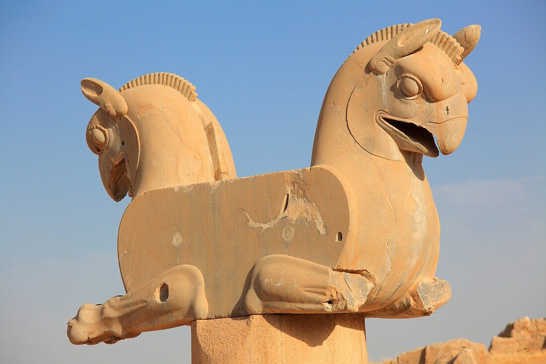 Twin headed griffin-shaped capital at Persepolis archeology site, Iran