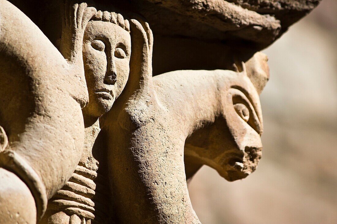 Capital in the Romanesque cloister of the monastery of Santa Maria - L´Estany - Bages - Barcelona - Catalonia - Spain - Europe