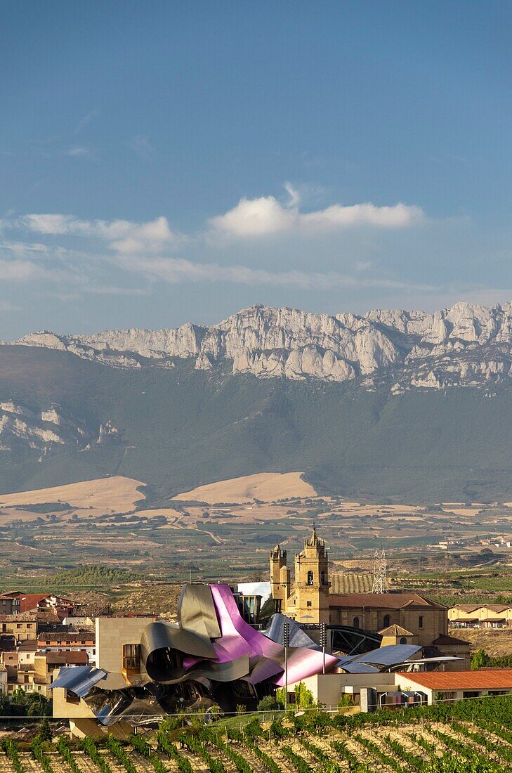 El Ciego panoramic views with Marques de Riscal winery, La Rioja, Spain