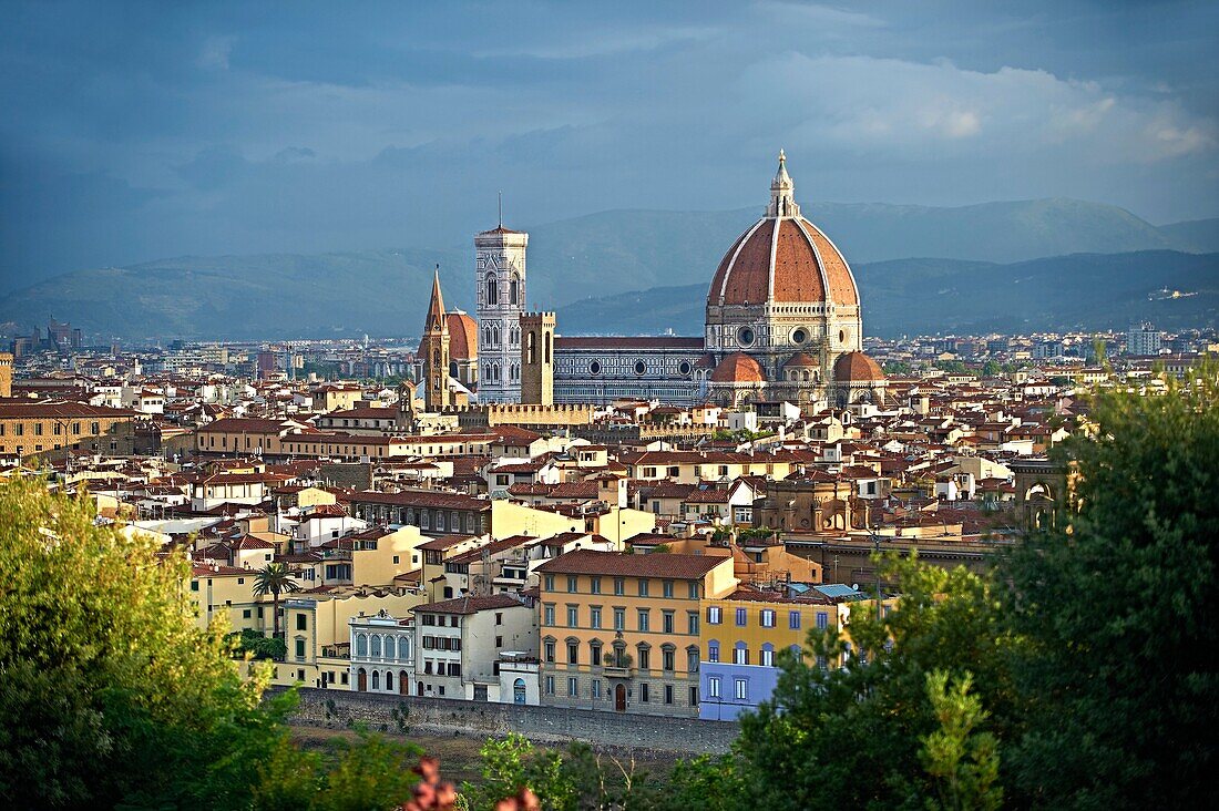 Panoramic view of Florence with the Palazzio Vecchio and The Duomo, Italy