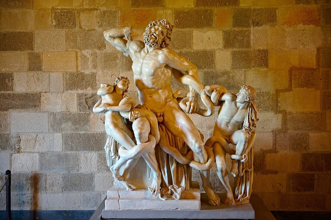 Room of Laocoon with a copy of the sculture known as the Laocoon group, 1st cent BC by Rhodian sculptors Athenodros, Agesander & Polydoros  The 14th century medieval palace of the Grand Master of the Kinights of St John, Rhodes, Greece  UNESCO World Herit