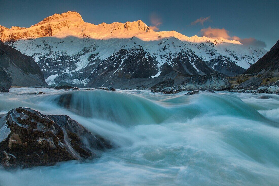 Mt Sefton at dawn, outflow river from Mueller Lake, Aoraki Mount Cook National Park, Canterbury
