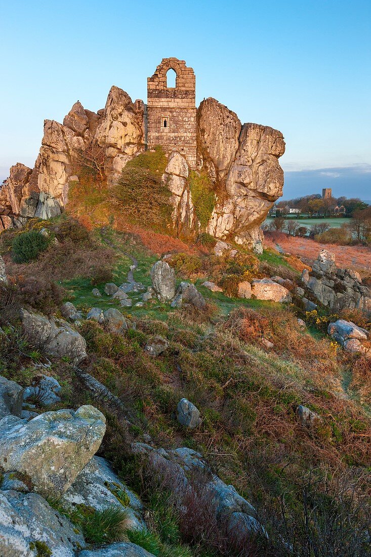 Ruined chapel of St. Michael dating from 1409 on the top a 60ft high Roche Rock, Cornwall, England.