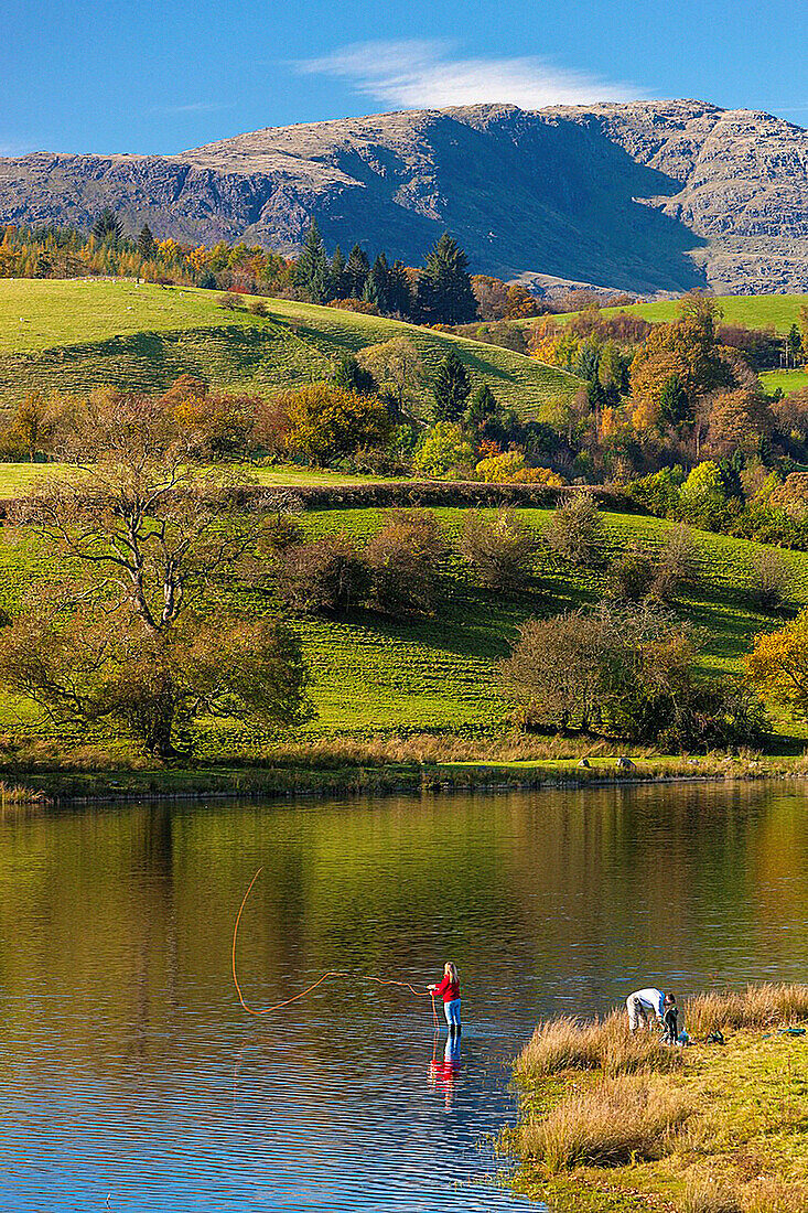 Woman fly fishes in Esthwaite Water in the Lake District National Park, Cumbria, England, UK, Europe