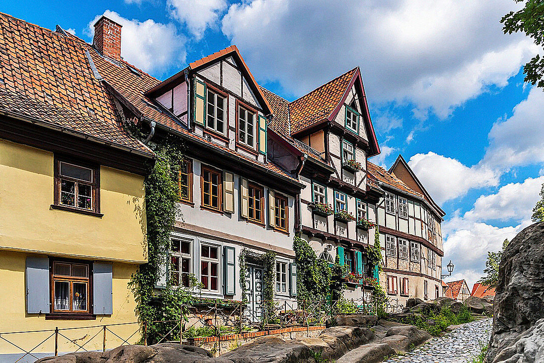 Alley at Schlossberg Quedlinburg, below the Castle and Collegiate Church of St Servatius, Quedlinburg, Saxony-Anhalt, Germany, Europe