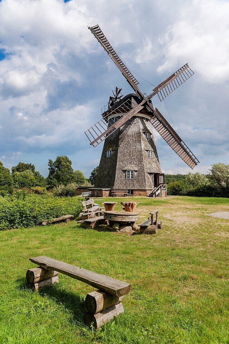 Dutch windmill from the 19th Century Until 1971, the windmill was used From 1973 to 1984 lived and worked here, the artist Otto Niemeyer-Holstein Now the mill is a museum, Benz, Usedom Island, County Vorpommern-Greifswald, Mecklenburg-Western Pomerania, G