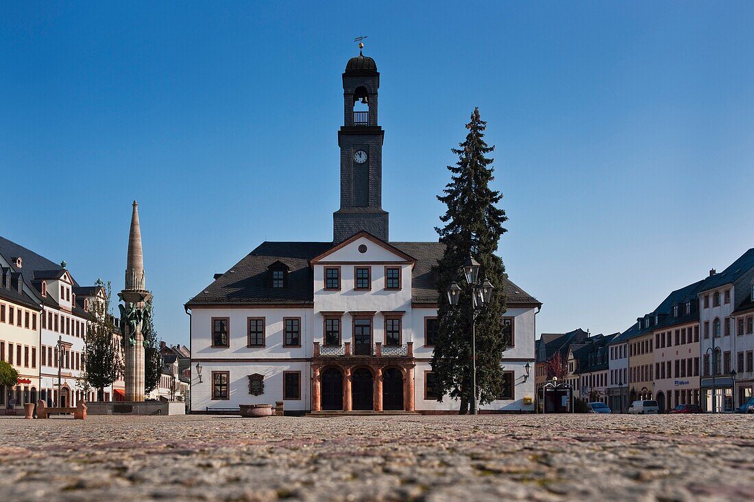 View to the guildhall of Rochlitz, built in 1828, and the market fountain, created in 1929, Rochlitz, Saxony, Germany, Europe