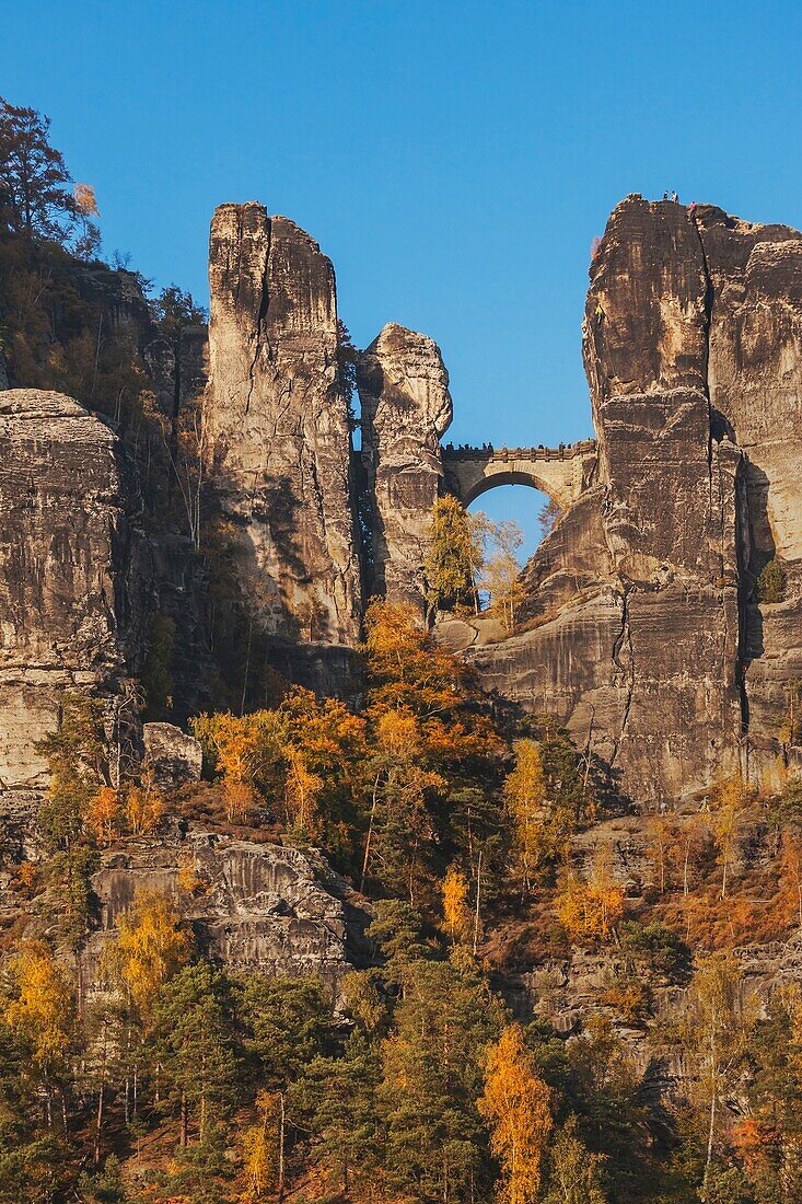 Spectacular rock formation Bastei (Bastion) and Bastei Bridge. It is one of the most visited tourist attractions in the Saxon Switzerland, municipality Lohmen, near Dresden, Saxony, Germany, Europe