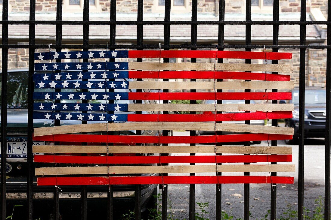 United States of America flag made out of wooden boards at a church in Bay Ridge, Brooklyn, New York, USA on September 5, 2011.