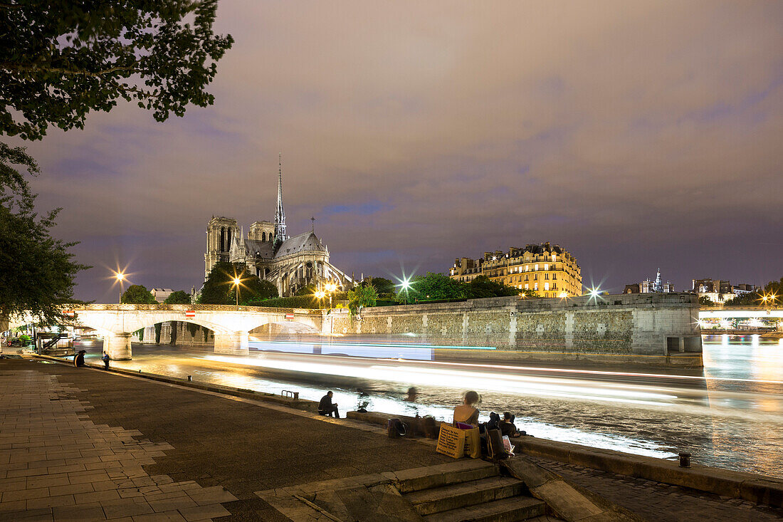 View from Quai de la Tournelle towards the Cathedrale Notre-Dame de Paris at night, Ile de la Cite, Paris, France, Europe, UNESCO World Heritage Sites (bank of Seine between Pont de Sully und Pont d'Iena)