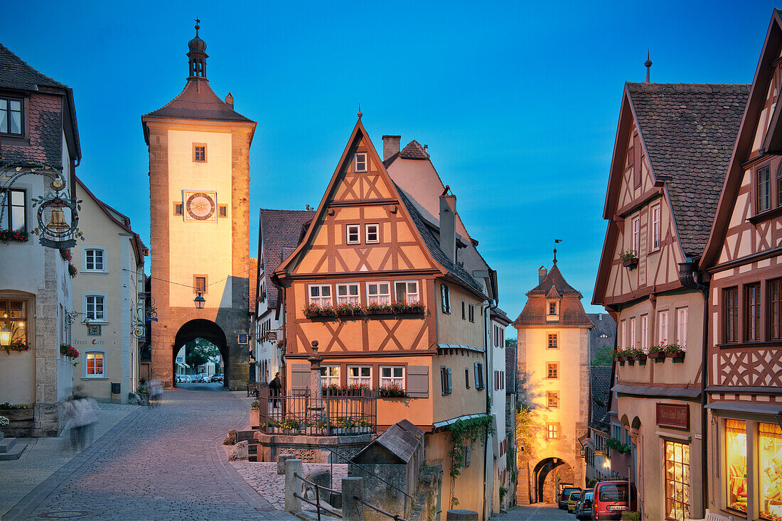 Ploenlein and Siebers Tower at dusk, Rothenburg ob der Tauber, Romantic Road, Franconia, Bavaria, Germany