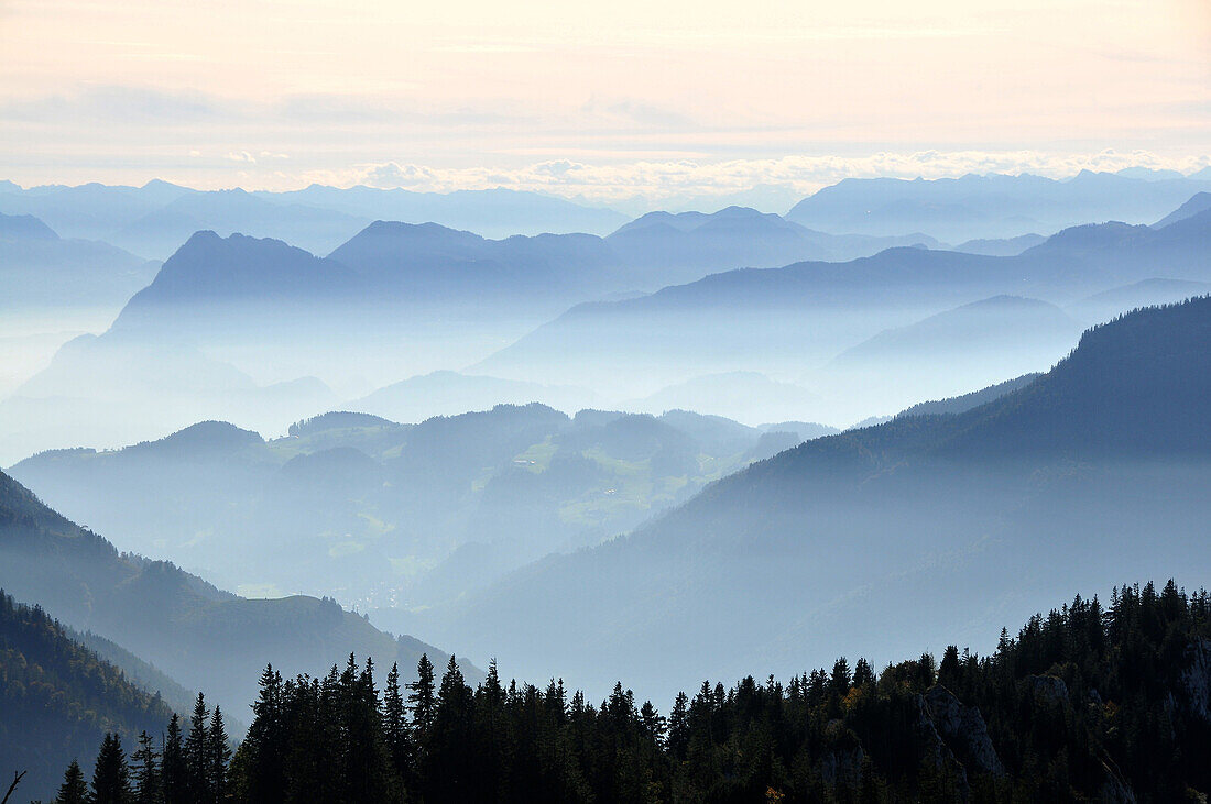 View to the south from Sonnenalp under Kampenwand, Chiemgau, Upper Bavaria, Bavaria, Germany