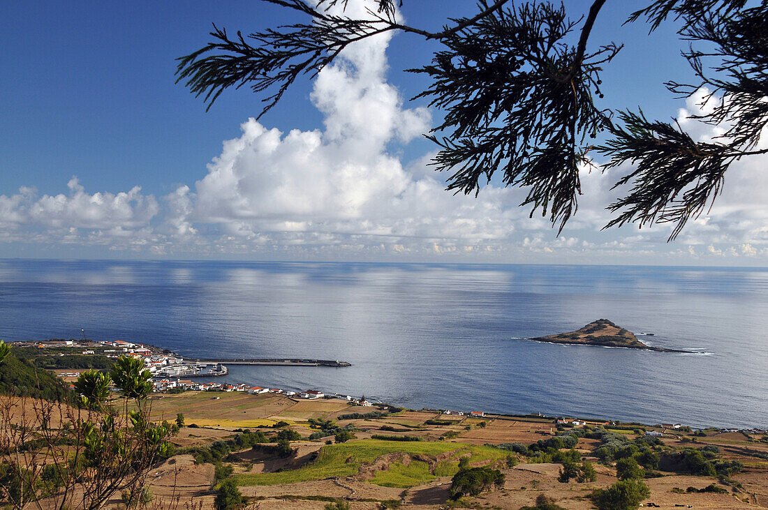 View over Praia with Iheu da Praia, Island of Graciosa, Azores, Portugal