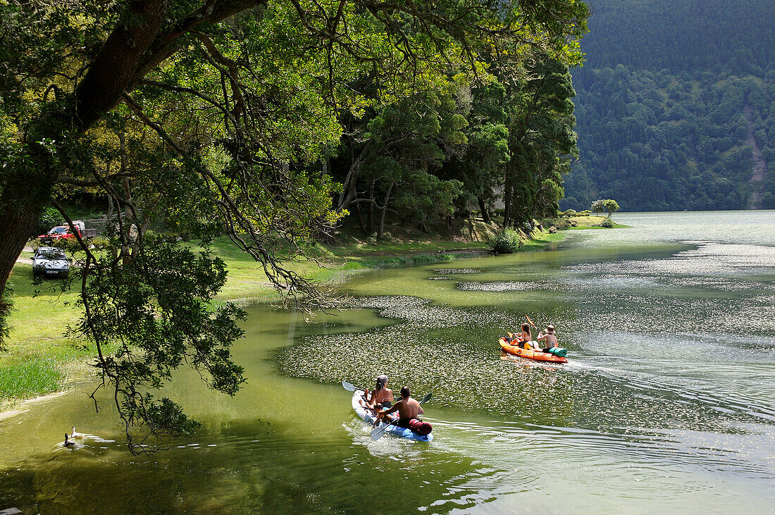 Lagoa Verde lake near Sete Cidades in the Caldeira, Island of Sao Miguel, Azores, Portugal