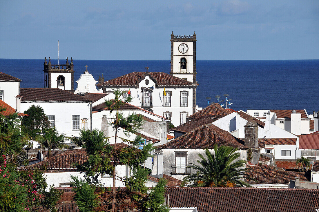 View to Vila Franca do Campo with Ilheu da Vila, south coast, Island of Sao Miguel, Azores, Portugal