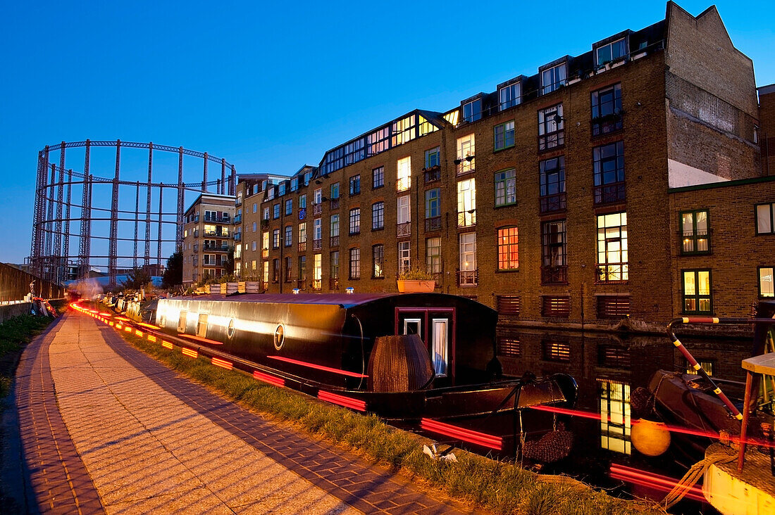 Dosfotos, nobody, Outdoors, Night, Dusk, Illuminated, Building Exterior, Canal, Hackney, London, UK, Regents Canal, Boat, Floating On Water, Nobody, Open Air, Outside, Exterior, Exteriors, Night Time, Nighttime, Illumination, Lighting, Lit Up, Greater Lon