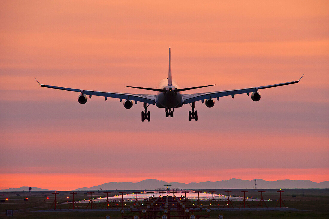 Airbus 340 Landing At Vancouver International Airport, Vancouver, British Columbia, Canada