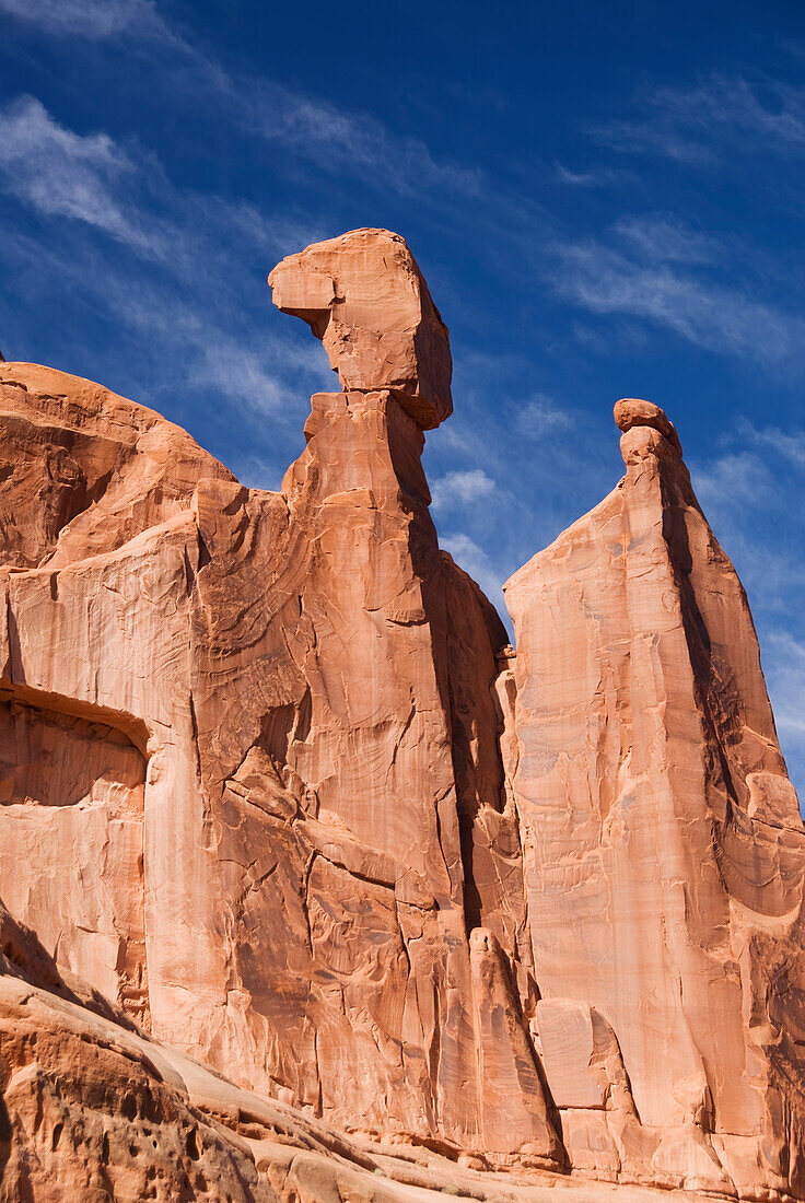 Utah, Arches National Park, Red rock formations and blue sky.