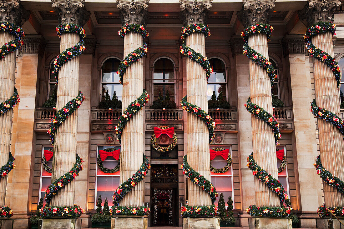 Rows of columns wrapped with garland decoration, Edinburgh, Scotland, United Kingdom