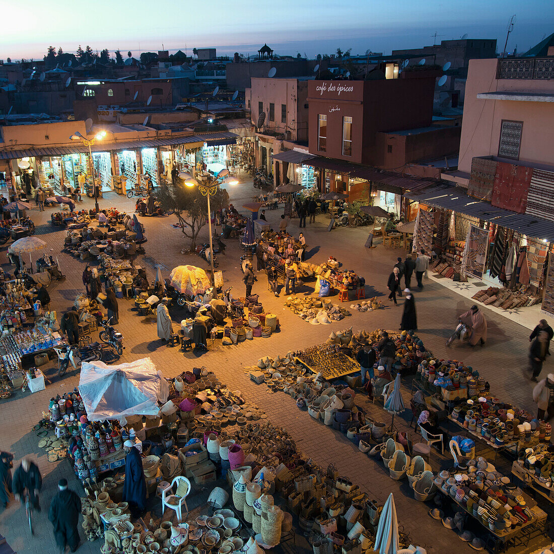 High angle view of the market at dusk, Marrakesh, Marrakech-Tensift-El Haouz, Morocco