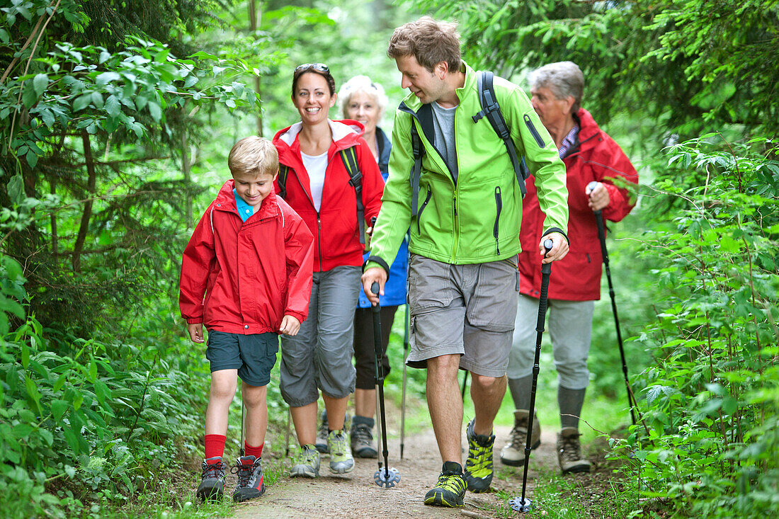 Multi generational family hiking through a wood, Styria, Austria